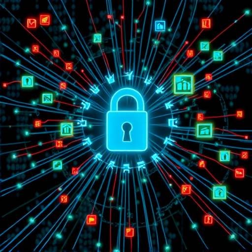 Image depicting a complex web of cybersecurity threats and vulnerabilities.